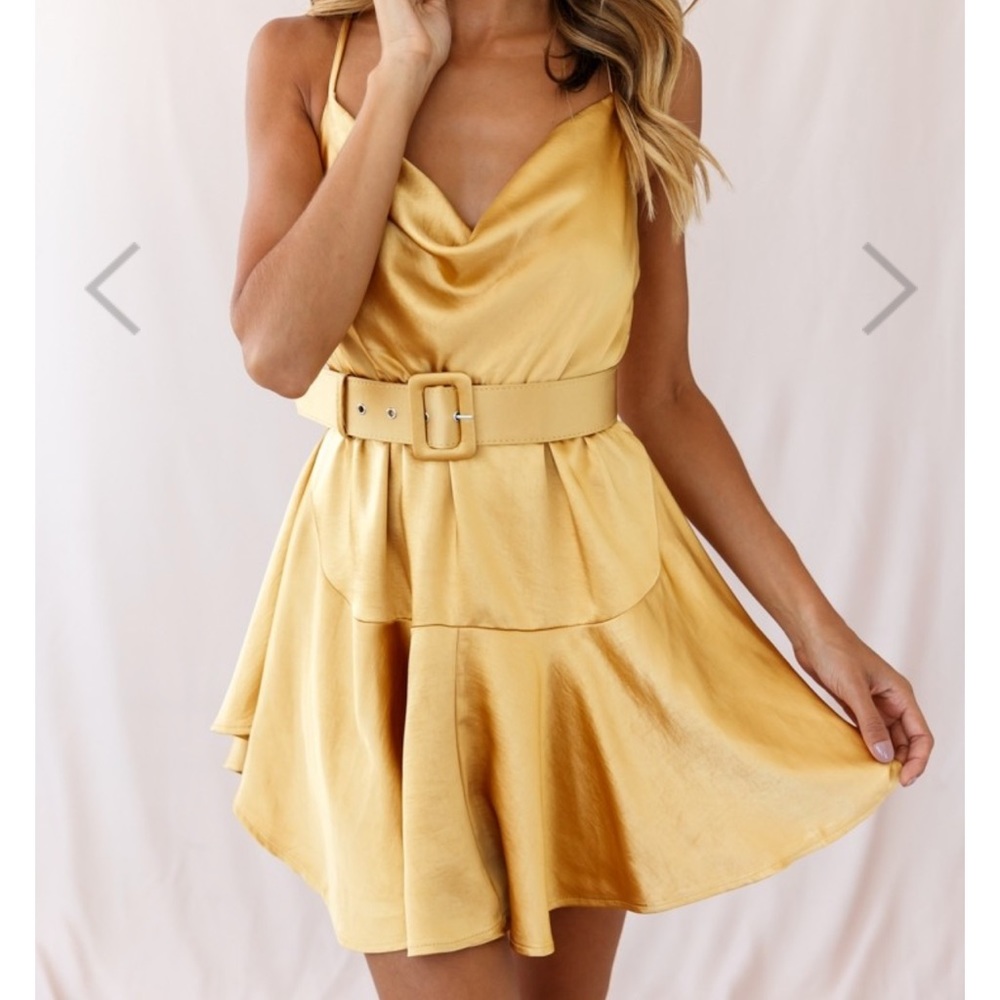 Belted Satin Cowl Neck Dress Mustard